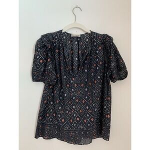 Ulla Johnson Leya Top Sz 4 Navy Puff Slv Ruffle Keyhole Tie Closure Designer